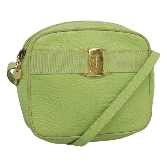 Salvatore Ferragamo Handbags - Salvatore Ferragamo Vala Shoulder Bag Leather Embossing Green Gold Auth BA320